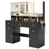 Homall Makeup Vanity with LED Mirror & Charging Station, Vanity Set with Mirrored Cabinet, Drawers & Glass Tabletop, Black Vanity Desk for Bedroom