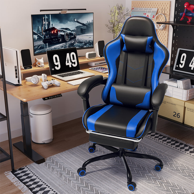 Lacoo PU Leather Gaming Chair Massage Ergonomic Gamer Chair Height Adjustable Computer Chair with Footrest & Lumbar Support,Blue