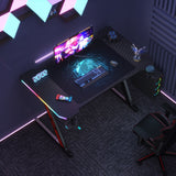 Homall Z-Shaped Gaming Desk with RGB Lights, Carbon Fiber Desk Office Desk with Large Mouse Pad, Cup-Holder & Headphone Hook, Black