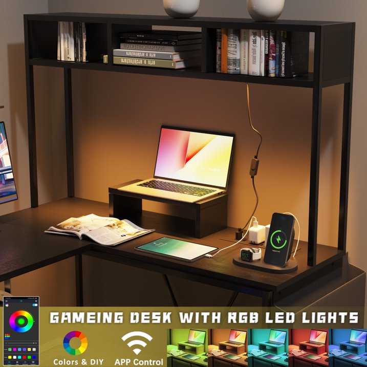 Homall L-Shaped Office Desk Gaming Table with LED Lights, Storage Rack, Built-in Socket, Computer Stand, Organizer Pocket, Keyboard Drawer,