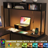 Homall L-Shaped Office Desk Gaming Table with LED Lights, Storage Rack, Built-in Socket, Computer Stand, Organizer Pocket, Keyboard Drawer,
