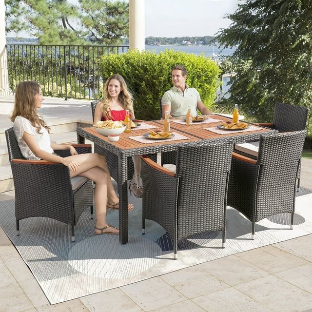 Homall 7 Pieces Outdoor Patio Dining Set with PE Rattan Wicker Dining Table and Chairs Acacia Wood Tabletop, Curved Wood Armrest Chairs with Cushions