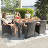 Homall 7 Pieces Outdoor Patio Dining Set with PE Rattan Wicker Dining Table and Chairs Acacia Wood Tabletop, Curved Wood Armrest Chairs with Cushions