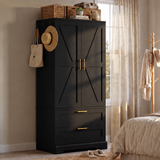 Homall Wardrobe Closet with Drawers, Freestanding Armoire Wardrobe Closet with Motion Sensor Light and Side Hooks, Wood Clothes Closet Cabinet for Bedroom
