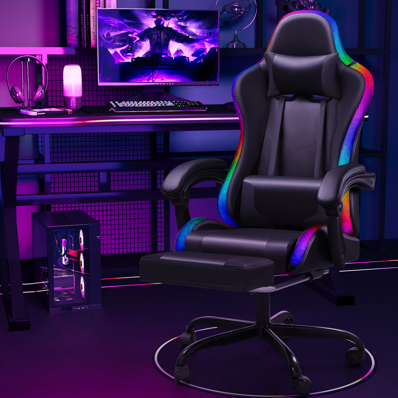 Homall L Shaped Gaming Desk and Chair Set, Carbon Fiber Desktop Corner Computer Desk RGB Massage Ergonomic Racing Chair E-Sports LED Lights RGB Gaming Chair with Footrest