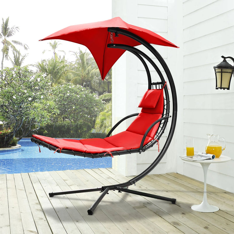 Homall Outdoor Hanging Curved Chaise Lounge Chair Patio Swinging Hammock W/ Pillow, Canopy & Stand for Backyard,Metal, Polyester