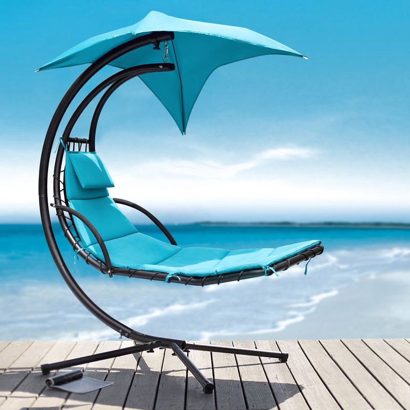 Homall Outdoor Hanging Curved Chaise Lounge Chair Patio Swinging Hammock W/ Pillow, Canopy & Stand for Backyard,Metal, Polyester