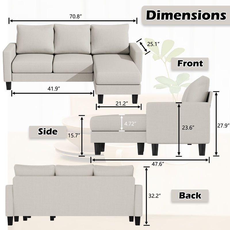 Homall Convertible Sectional Sofa Couch, Modern Linen Fabric L-Shaped Couch 3-Seat Sofa Sectional with Reversible Chaise for Small Living Room, Apartment and Small Space