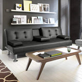 Homall Modern Faux Leather Convertible Futon with Cupholders & Pillows, 65" Black