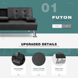 Homall Modern Faux Leather Convertible Futon with Cupholders & Pillows, 65" Black