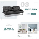 Homall Modern Faux Leather Convertible Futon with Cupholders & Pillows, 65" Black