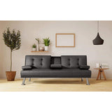 Homall Modern Faux Leather Convertible Futon with Cupholders & Pillows, 65" Black