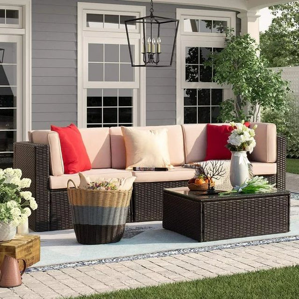 Homall 4 Pieces Outdoor Sectional Sofa Wicker Conversation Sets Patio Rattan Furniture Set with Cushions and Glass Table