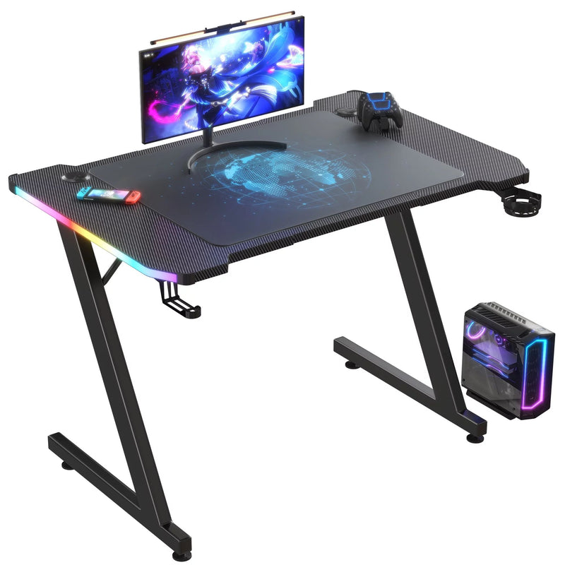 Homall 47 Inches Z-Shaped Gaming Desk with RGB Lights, Carbon Fiber Desk Office Desk with Large Mouse Pad, Cup-Holder & Headphone Hook, Black