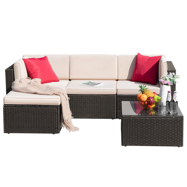 Homall 5 Pieces Outdoor Sectional Sofa with Tea Table and Ottoman, PE Rattan Patio Furniture Sets