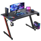 Homall Z-Shaped Gaming Desk with RGB Lights, Carbon Fiber Desk Office Desk with Large Mouse Pad, Cup-Holder & Headphone Hook, Black