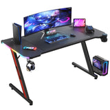 Homall Z-Shaped Gaming Desk with RGB Lights, Carbon Fiber Desk Office Desk with Large Mouse Pad, Cup-Holder & Headphone Hook, Black