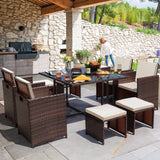 Homall 9 Pieces Outdoor Dining Sets Patio Rattan Conversation Set Space Saving Wicker Chairs with Glass Table