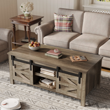 Homall Farmhouse Coffee Table Rustic Wooden Center Rectangular Table with Sliding Barn Doors, Adjustable Cabinet Shelves for Bedroom, Home Office, Living Room