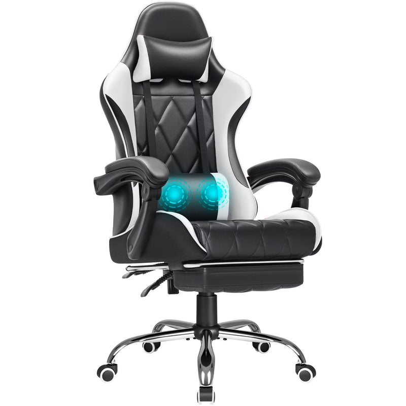 Homall Gaming Chair Massage Office Chair Computer Racing Chair High Back PU Leather Chair with Footrest, White
