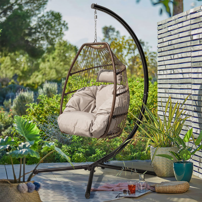 Homall Indoor Outdoor Patio Wicker Swing Egg Chair Hammock Chair Hanging Chair UV Resistant Cushions with Stand for Patio Porch Lounge Bedroom Balcony Garden Backyard