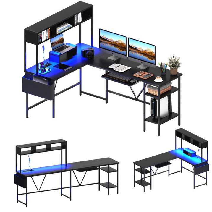 Homall L-Shaped Office Desk Gaming Table with LED Lights, Storage Rack, Built-in Socket, Computer Stand, Organizer Pocket, Keyboard Drawer,