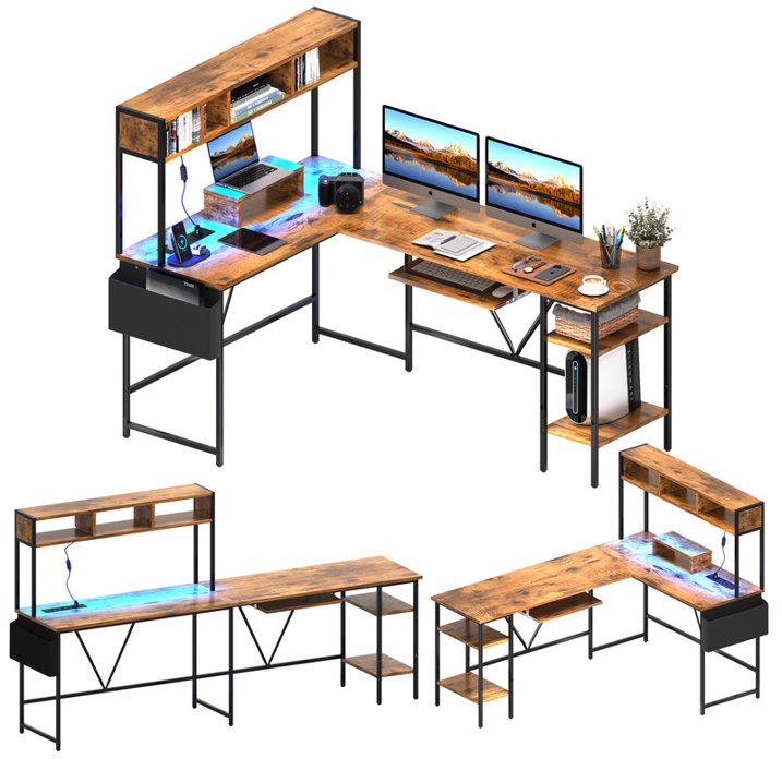 Homall L-Shaped Office Desk Gaming Table with LED Lights, Storage Rack, Built-in Socket, Computer Stand, Organizer Pocket, Keyboard Drawer,