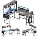 Homall L-Shaped Office Desk Gaming Table with LED Lights, Storage Rack, Built-in Socket, Computer Stand, Organizer Pocket, Keyboard Drawer,