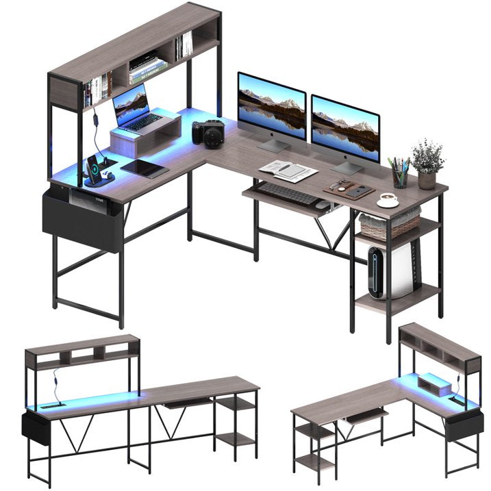 Homall L-Shaped Office Desk Gaming Table with LED Lights, Storage Rack, Built-in Socket, Computer Stand, Organizer Pocket, Keyboard Drawer,