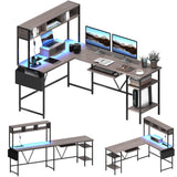 Homall L-Shaped Office Desk Gaming Table with LED Lights, Storage Rack, Built-in Socket, Computer Stand, Organizer Pocket, Keyboard Drawer,