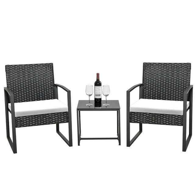 Homall Patio Furniture 3-Piece Set Casual Wicker Chair Bistro Chair with Coffee Table, Black