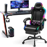 Homall RGB Gaming Desk and Chair Set, Carbon Fiber Desktop Z-Shape Table Massage Ergonomics Racing Chair E-Sports LED Lights Chair RGB Gaming Set