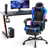Homall RGB Gaming Desk and Chair Set, Carbon Fiber Desktop Z-Shape Table Massage Ergonomics Racing Chair E-Sports LED Lights Chair RGB Gaming Set