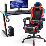 Homall RGB Gaming Desk and Chair Set, Carbon Fiber Desktop Z-Shape Table Massage Ergonomics Racing Chair E-Sports LED Lights Chair RGB Gaming Set