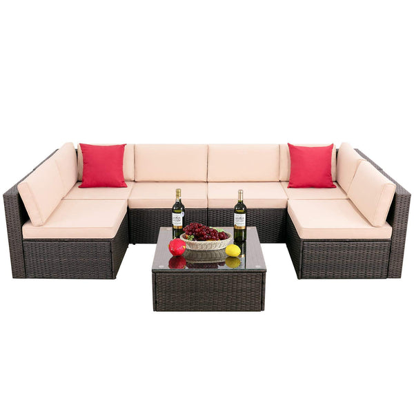 Homall 7 Pieces Patio PE Wicker Conversation Set Rattan Outdoor Sectional Set with Chushions and Table(Beige)