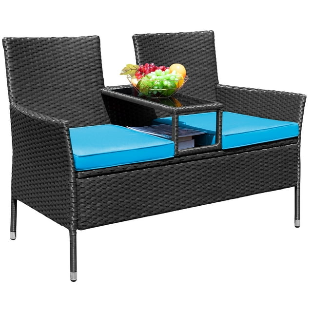 HOMALL Outdoor Patio Loveseat Modern Wicker Patio Conversation Furniture Set with Cushions and Built-in Coffee Table, Steel