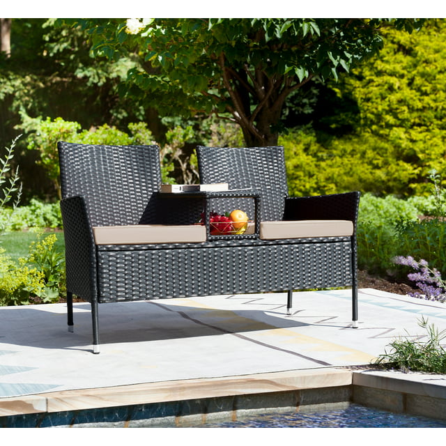 HOMALL Outdoor Patio Loveseat Modern Wicker Patio Conversation Furniture Set with Cushions and Built-in Coffee Table, Steel