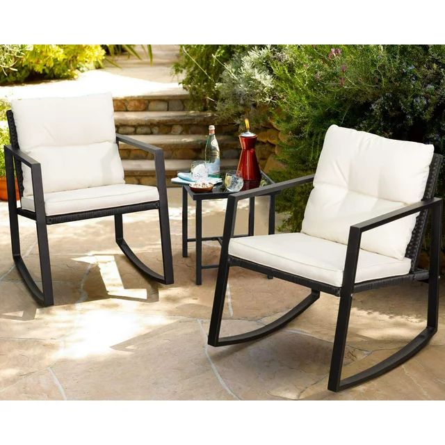 Homall 3 Pieces Patio Furniture Set Rocking Wicker Bistro Sets Set with Glass Coffee Table, Black