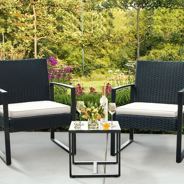 HOMALL 3 Pieces Patio Conversation Set PE Rattan Bistro Chairs Set of 2 with Coffee Table