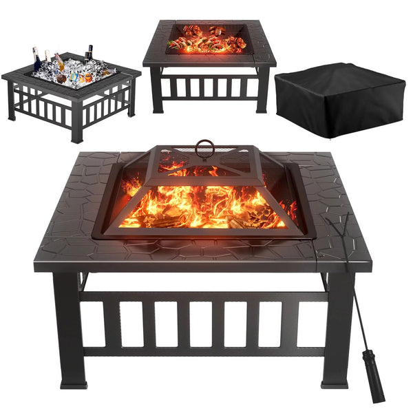 Homall 32" Patio Square Fire Pit Table for Patio Backyard BBQ, Ice Storage with Mesh Lid, Poker and Cover, Black