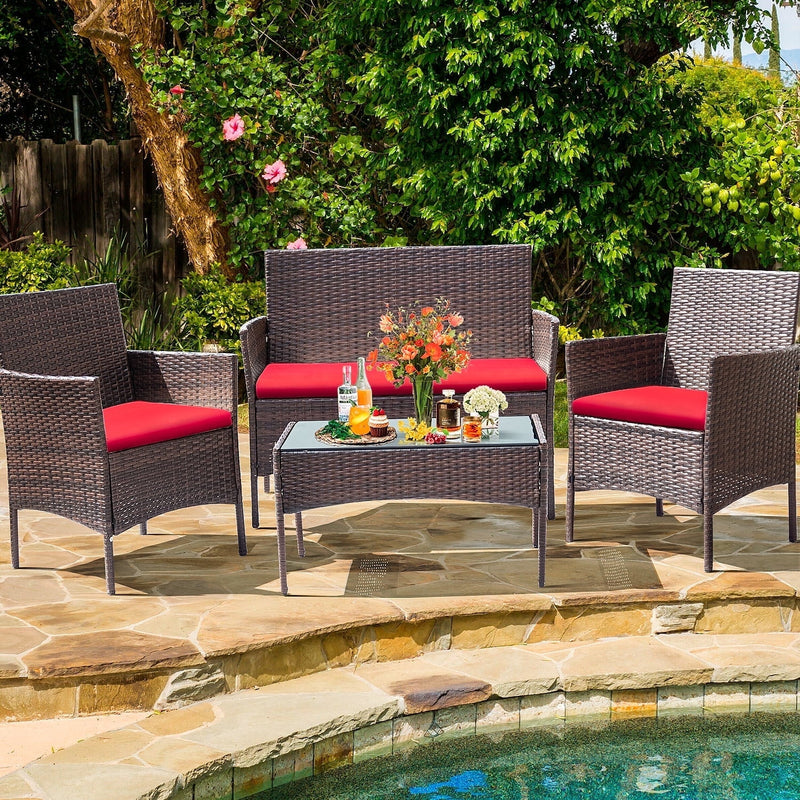 Homall 4 Piece Outdoor Conversation Set Brown PE Rattan Wicker Table and Chairs Set