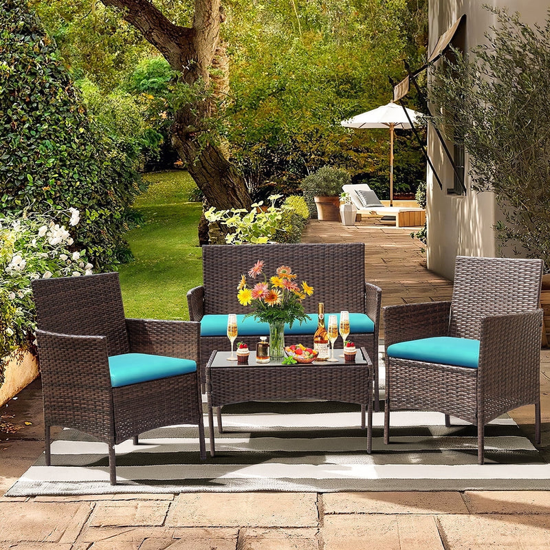 Homall 4 Piece Outdoor Conversation Set Brown PE Rattan Wicker Table and Chairs Set