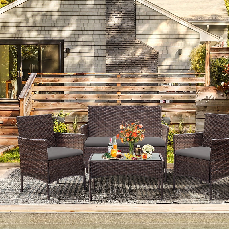 Homall 4 Piece Outdoor Conversation Set Brown PE Rattan Wicker Table and Chairs Set