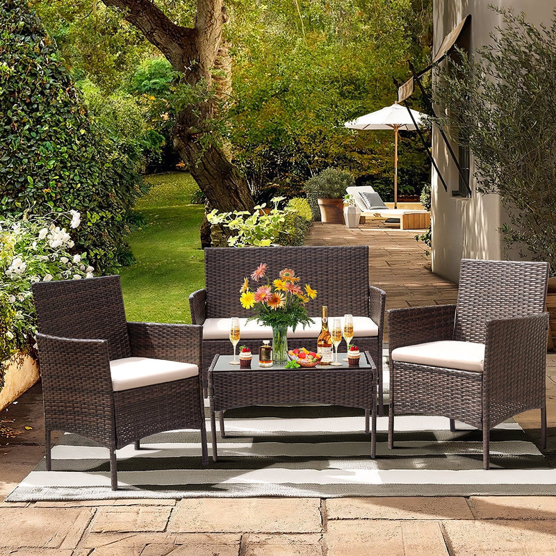 Homall 4 Piece Outdoor Conversation Set Brown PE Rattan Wicker Table and Chairs Set