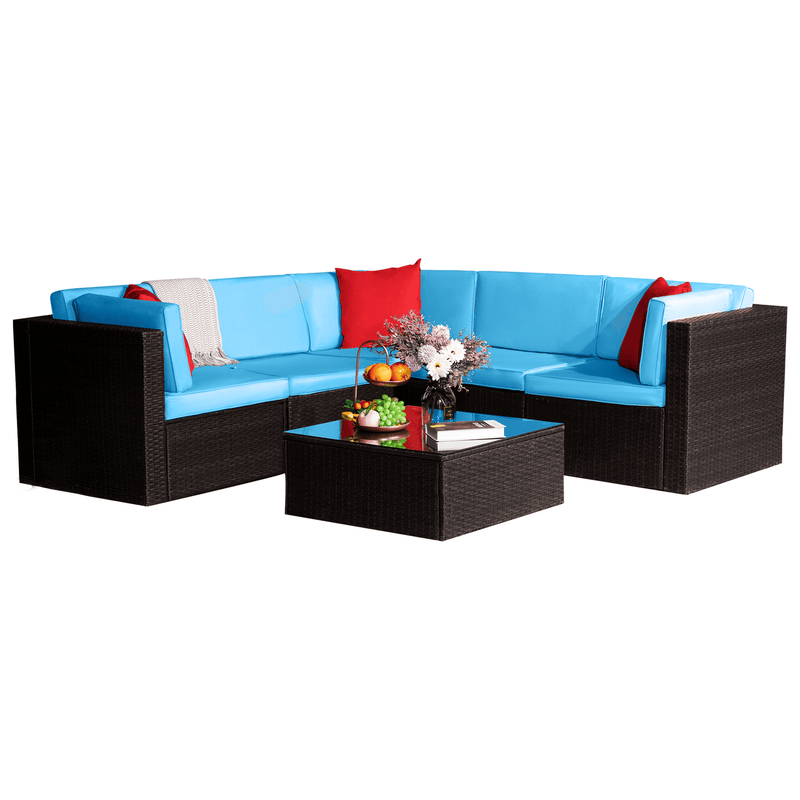 Homall 6 Pieces Patio Sectional Sofa All Weather PE Rattan Manual Wicker Conversation Sets with Washable Cushions and Glass Table