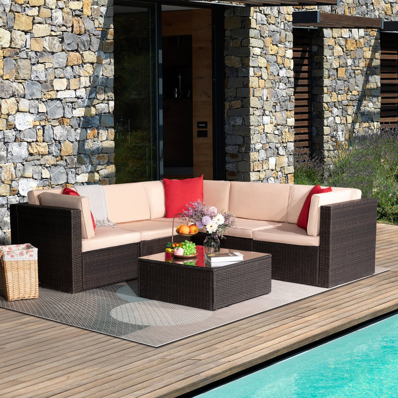 Homall 6 Pieces Patio Sectional Sofa All Weather PE Rattan Manual Wicker Conversation Sets with Washable Cushions and Glass Table