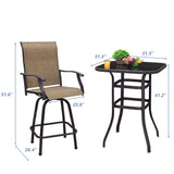 Homall 3-Piece Bar Height Patio Set, 2 Swivel Textilene Stools with Tempered Glass Table, Weather & UV Resistant Steel Frame, Outdoor Bar Furniture for Balcony, Garden, Poolside, Beige