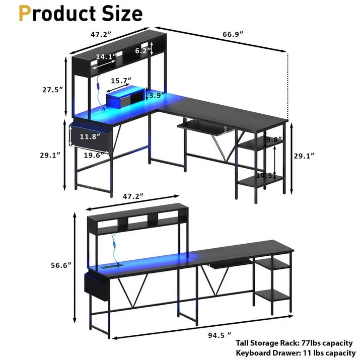 Homall L-Shaped Office Desk Gaming Table with LED Lights, Storage Rack, Built-in Socket, Computer Stand, Organizer Pocket, Keyboard Drawer,