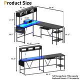 Homall L-Shaped Office Desk Gaming Table with LED Lights, Storage Rack, Built-in Socket, Computer Stand, Organizer Pocket, Keyboard Drawer,
