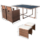 Homall 11 Pieces Patio Indoor Furniture Dining Set Patio Wicker Rattan Chair Sets Outdoor Furniture Cushioned Tempered Glass W/Ottoman Brown